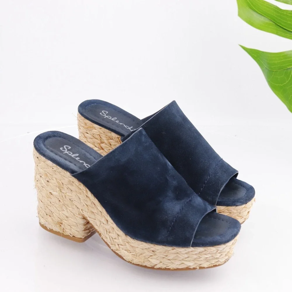 Splendid Womens Theodore Mules Sandals Size 7.5 M Navy Suede Platform Heel Shoes